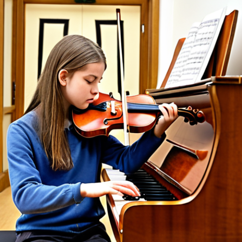 Home 4 **
A student confidently playing a musical instrument (piano or violin) in front of an examiner. The setting suggests an ABRSM or Trinity College London exam room. Focus on the student's concentration and skill.
**